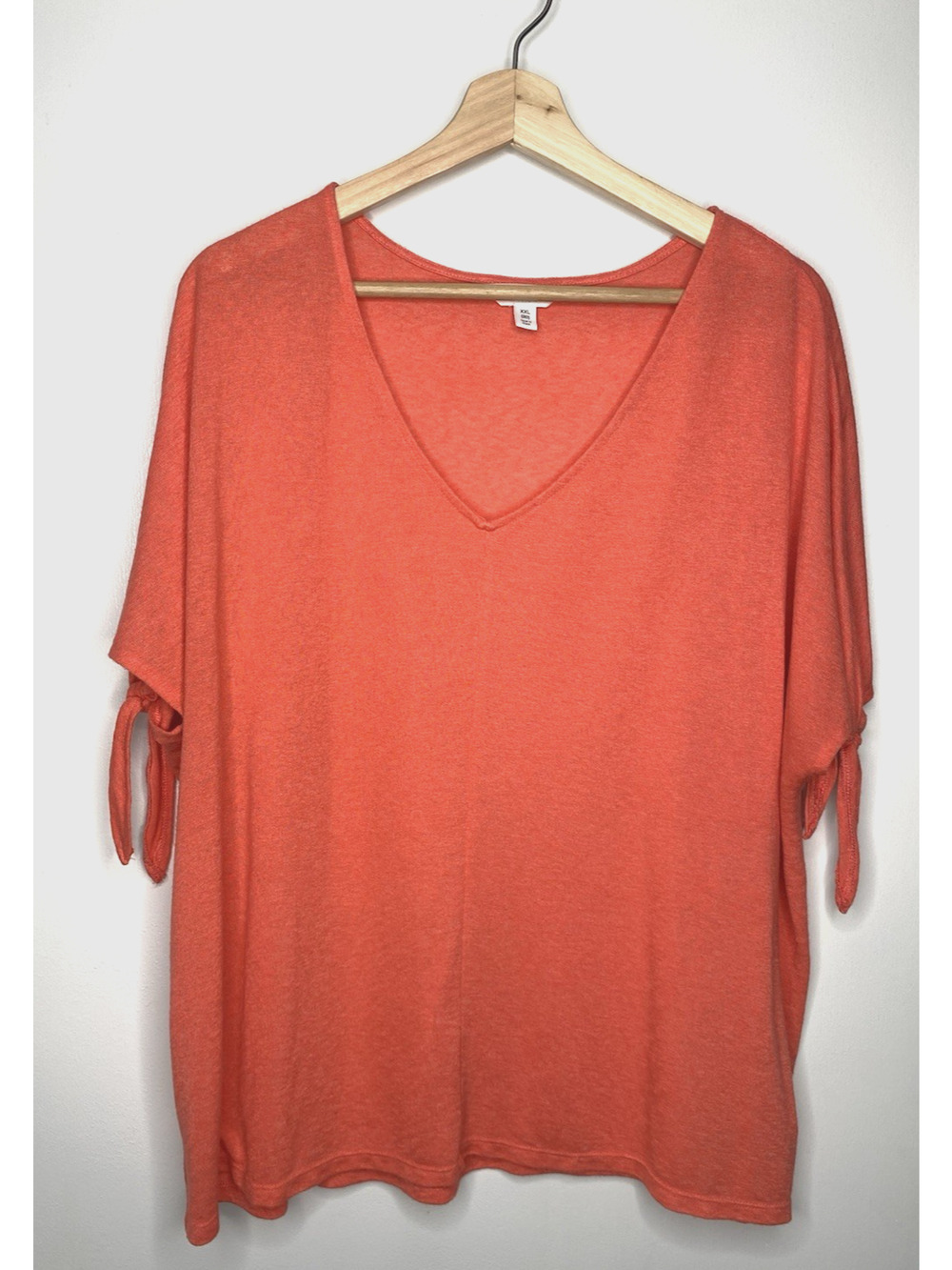 Time & Tru Womens Plus Size 20 Salmon Pink V-neck Knit Top Short Tie Sleeve